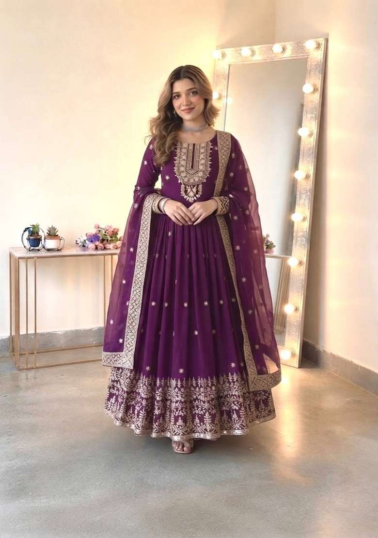Purple Embroidered Georgette Kurta Set - Indya