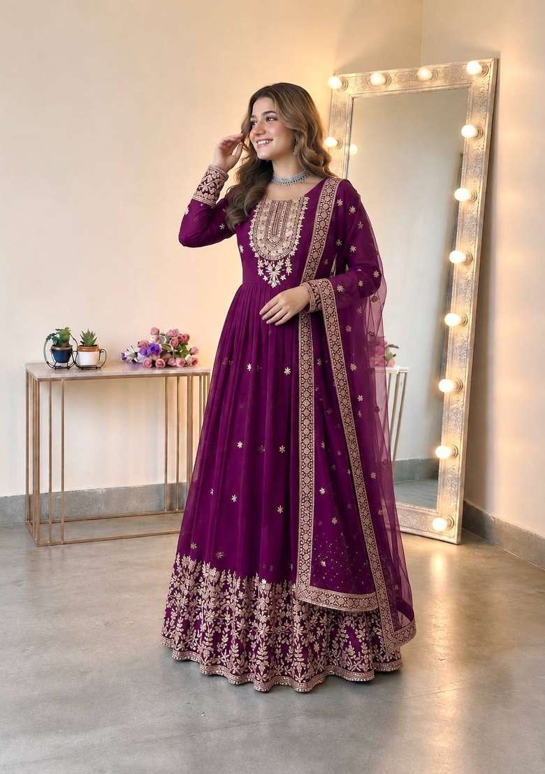 Purple Embroidered Georgette Kurta Set - Indya