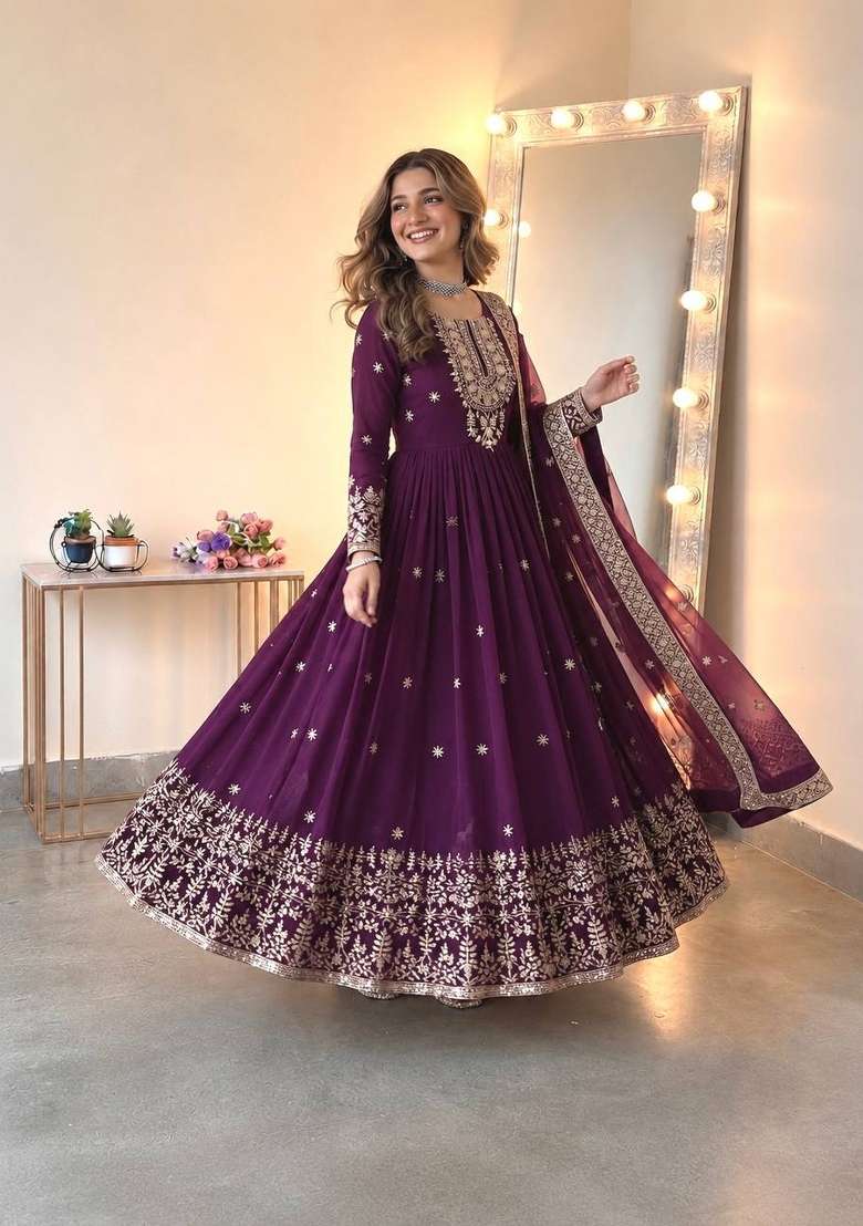 Purple Embroidered Georgette Kurta Set - Indya