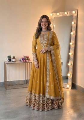 Yellow Embroidered Georgette Kurta Set