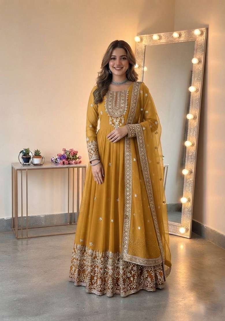 Yellow Embroidered Georgette Kurta Set - Indya
