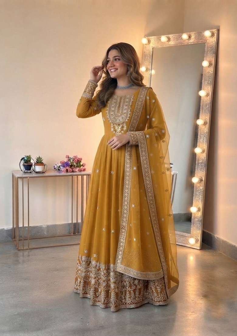 Yellow Embroidered Georgette Kurta Set - Indya