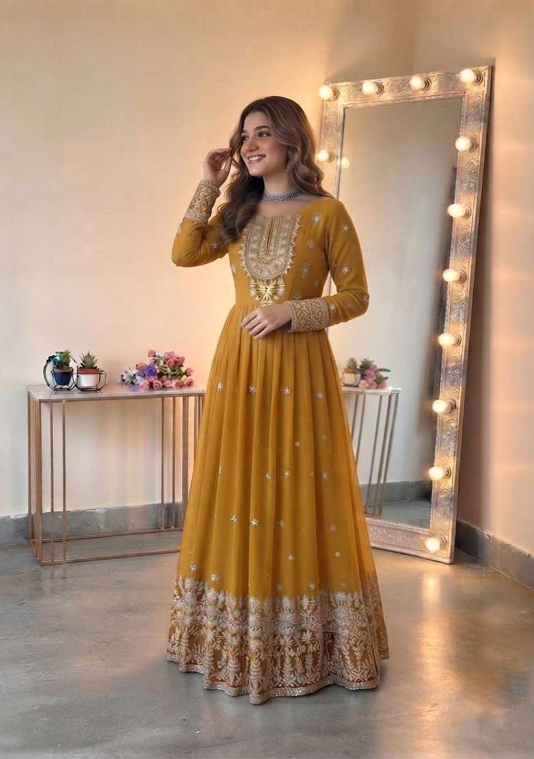 Yellow Embroidered Georgette Kurta Set - Indya