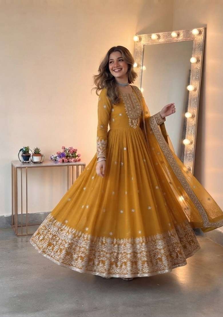 Yellow Embroidered Georgette Kurta Set - Indya