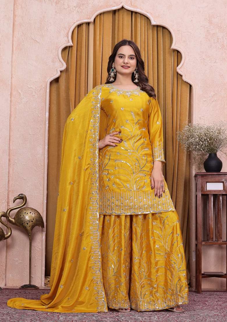 Yellow Embroidered Chinon Kurta Set - Indya