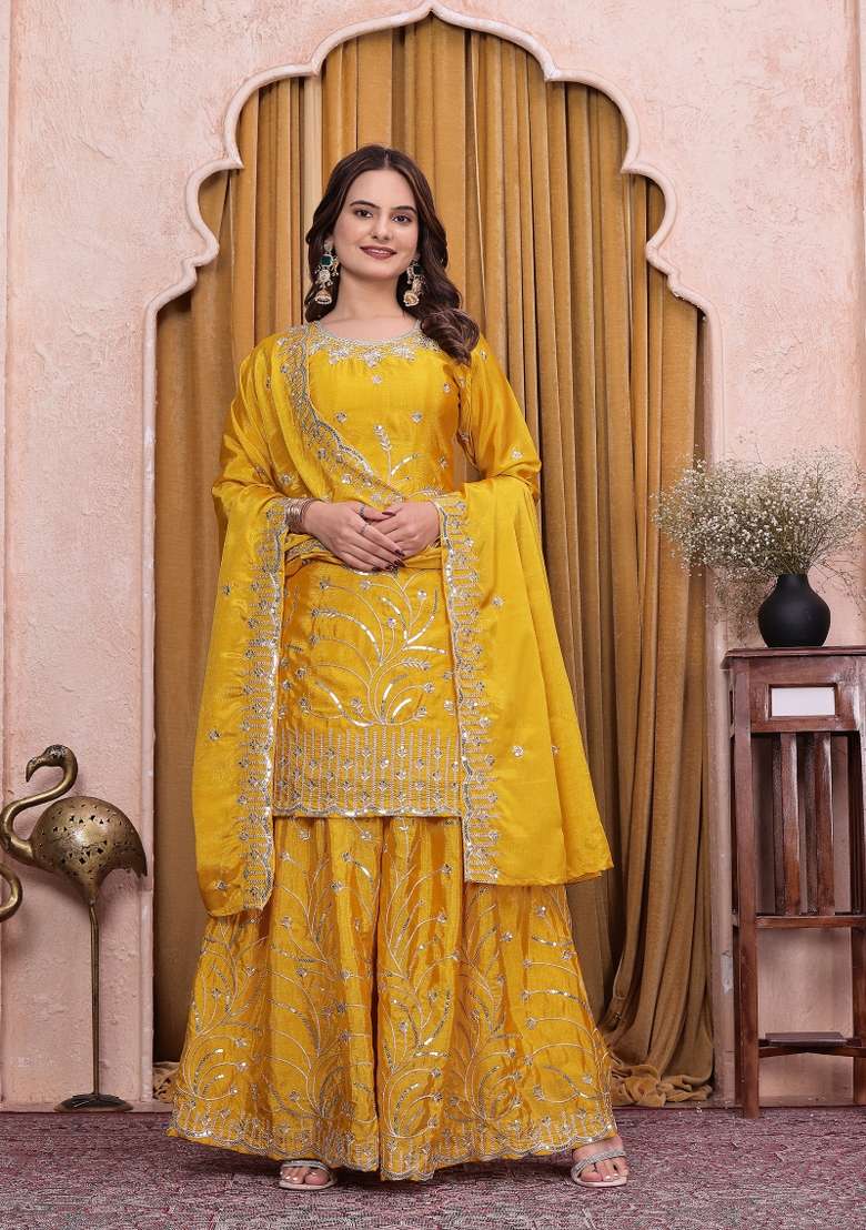Yellow Embroidered Chinon Kurta Set - Indya