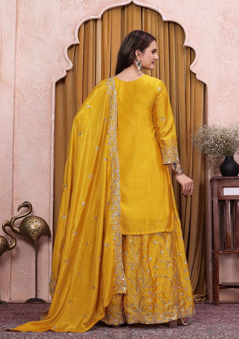 Yellow Embroidered Chinon Kurta Set - Indya