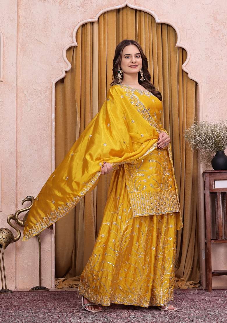 Yellow Embroidered Chinon Kurta Set - Indya