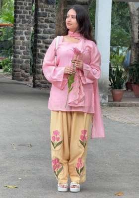 Pink Embroidered Cotton Kurta Set
