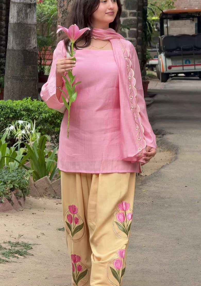 Pink Embroidered Cotton Kurta Set - Indya