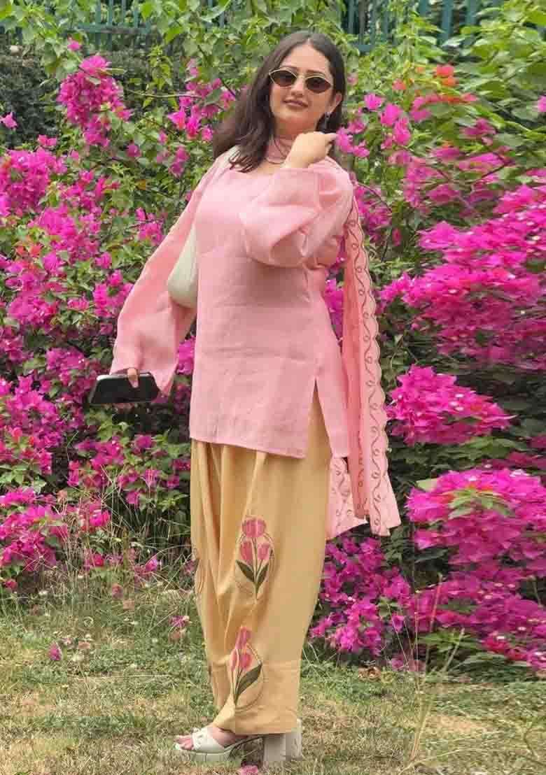 Pink Embroidered Cotton Kurta Set - Indya