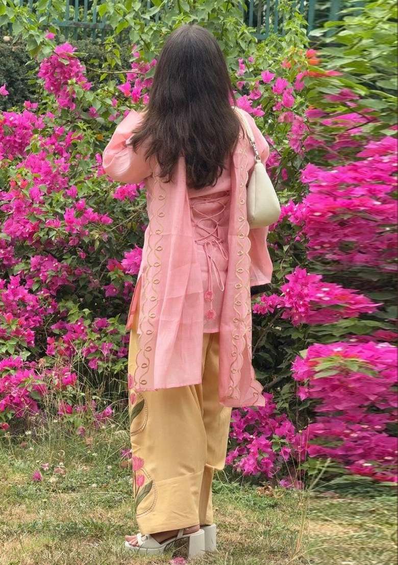 Pink Embroidered Cotton Kurta Set - Indya