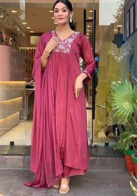 Pink Embroidered Chinon Kurta Set