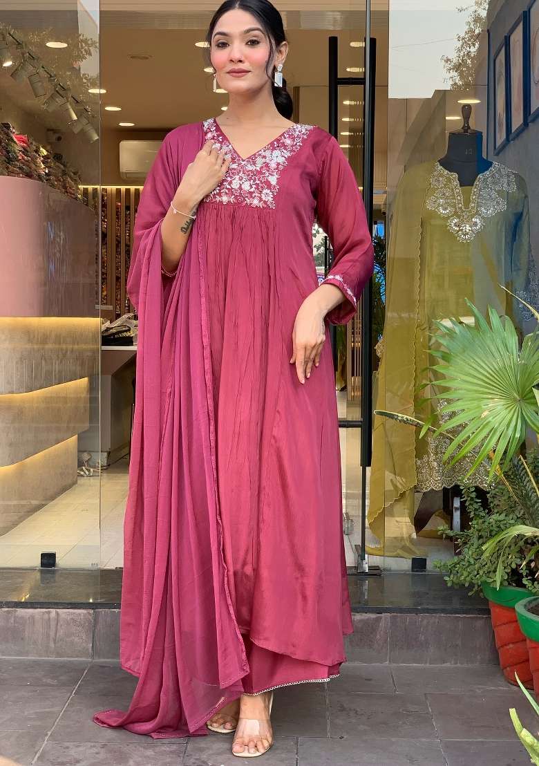 Pink Embroidered Chinon Kurta Set - Indya