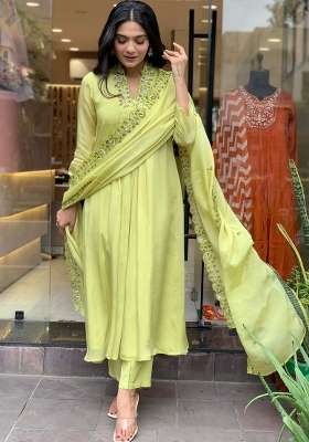 Yellow Embroidered Chinon Kurta Set