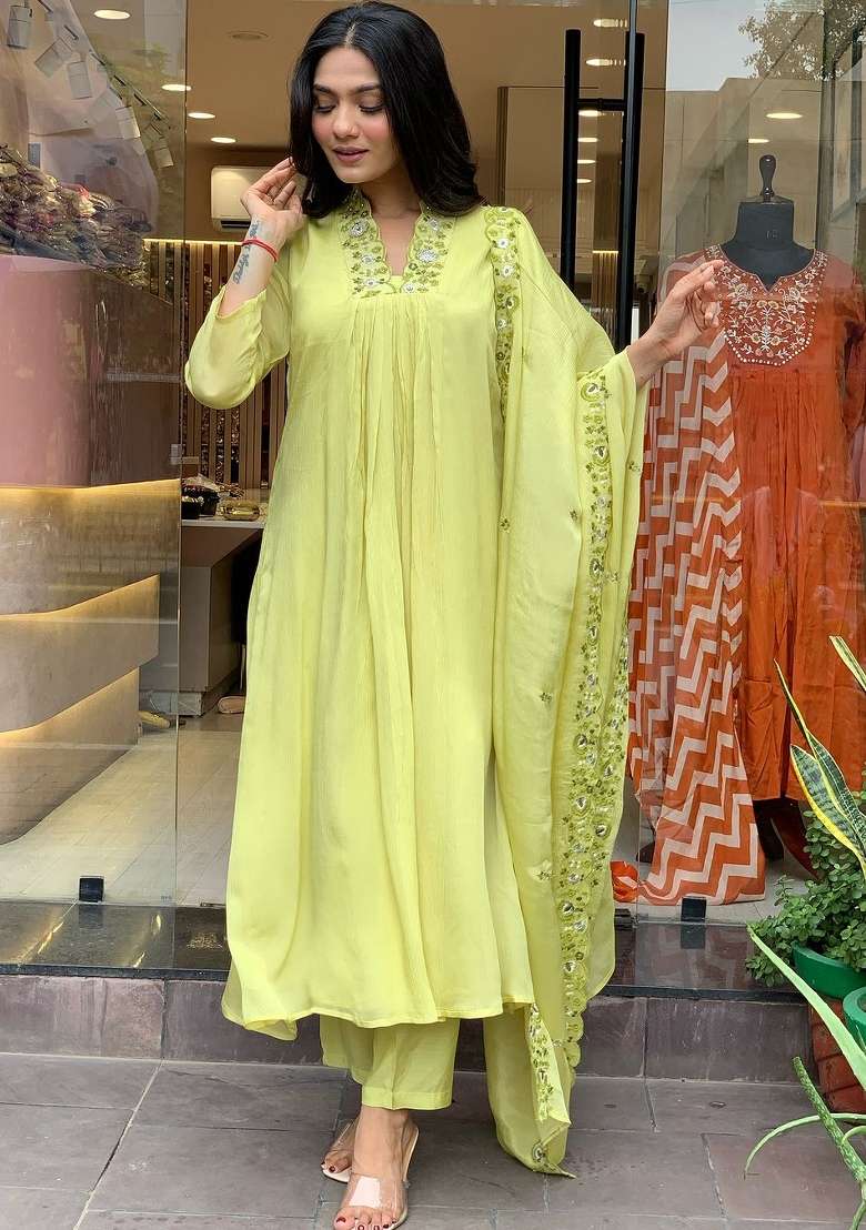 Yellow Embroidered Chinon Kurta Set - Indya