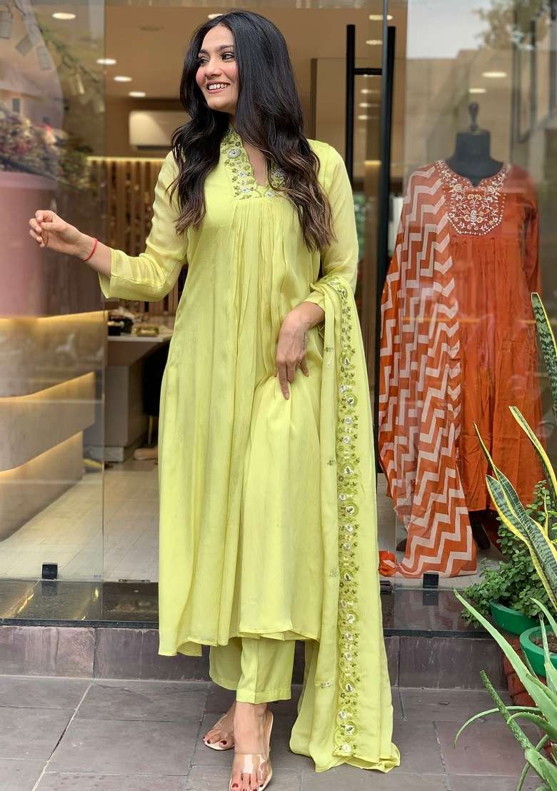 Yellow Embroidered Chinon Kurta Set - Indya