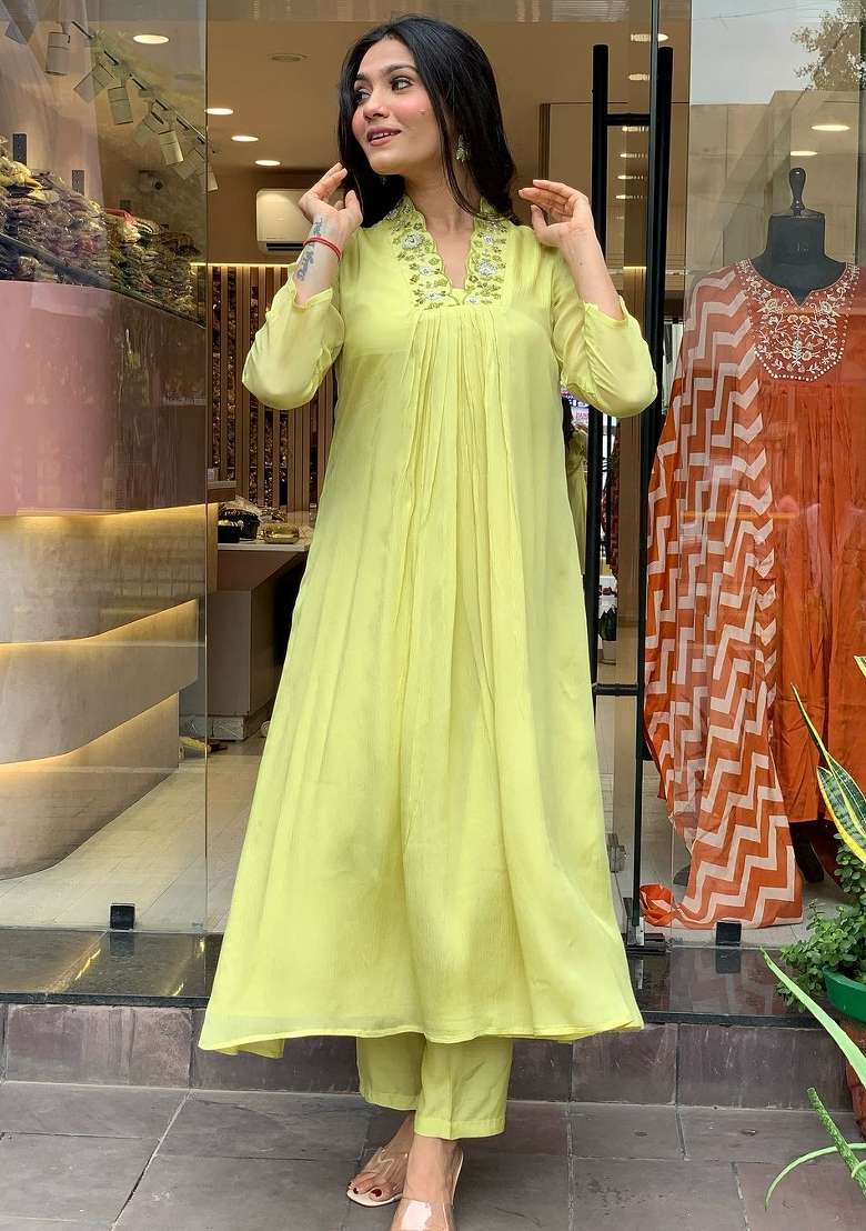 Yellow Embroidered Chinon Kurta Set - Indya