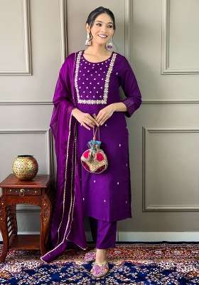 Purple Embroidered Rayon Kurta Set