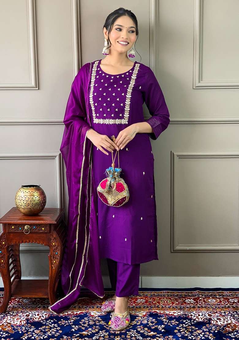 Purple Embroidered Rayon Kurta Set - Indya