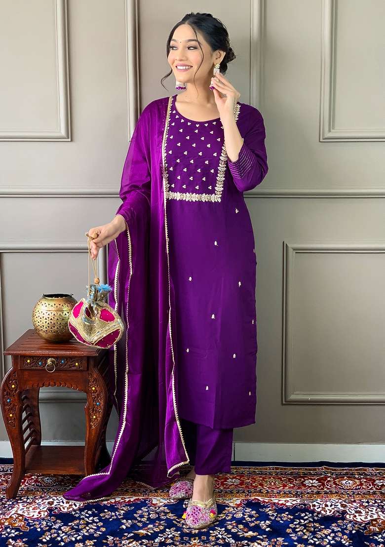 Purple Embroidered Rayon Kurta Set - Indya