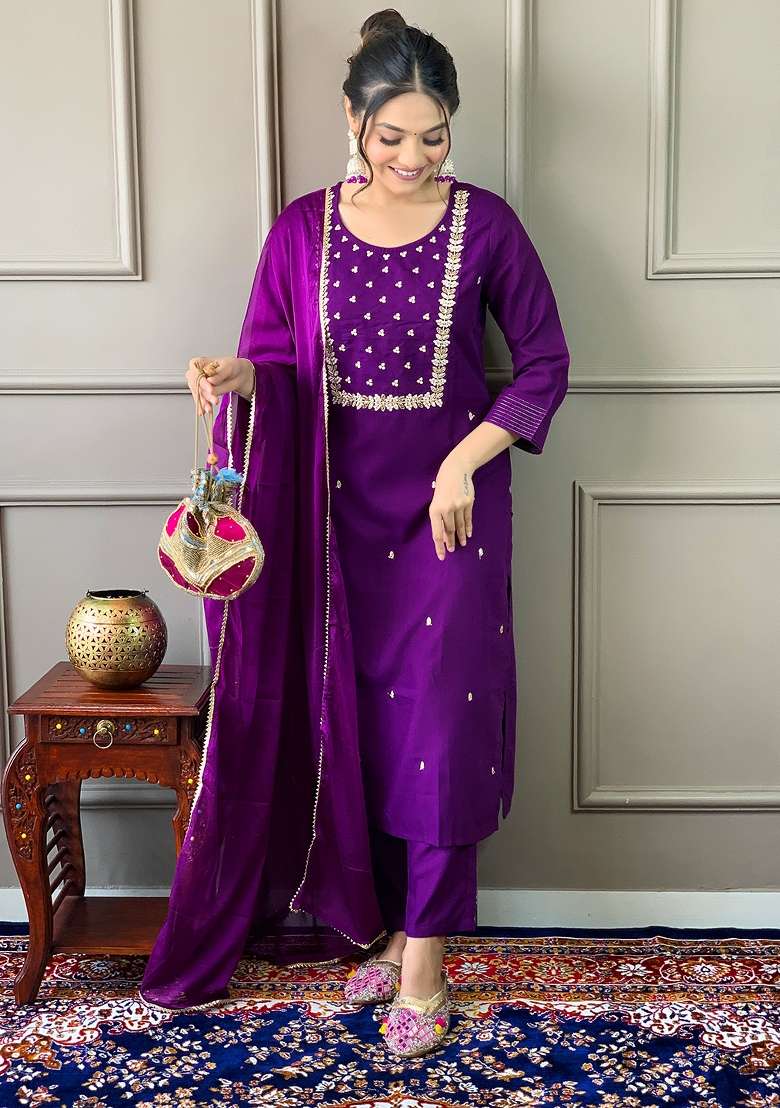 Purple Embroidered Rayon Kurta Set - Indya