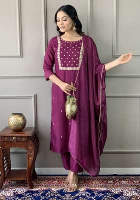Wine Embroidered Rayon Kurta Set