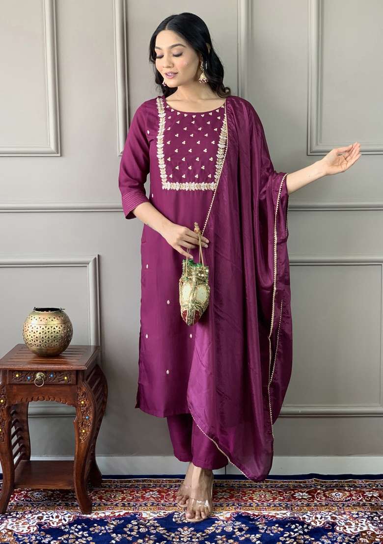 Wine Embroidered Rayon Kurta Set - Indya