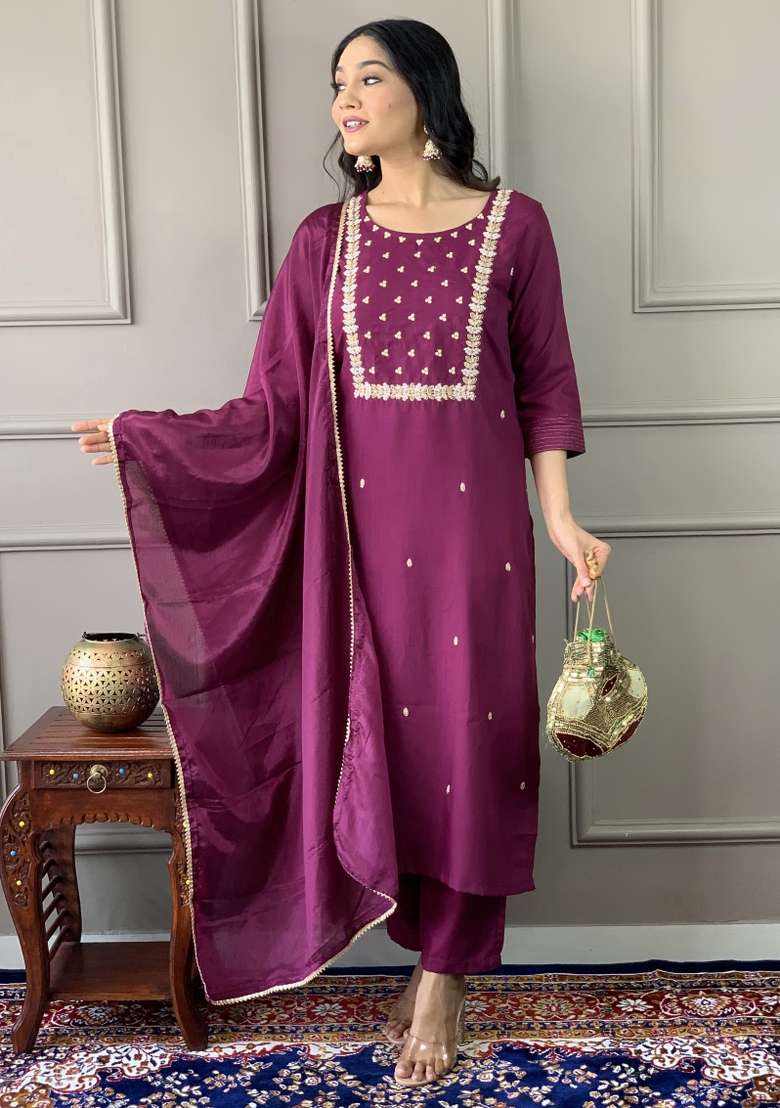 Wine Embroidered Rayon Kurta Set - Indya
