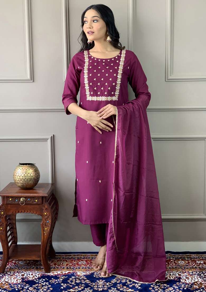 Wine Embroidered Rayon Kurta Set - Indya