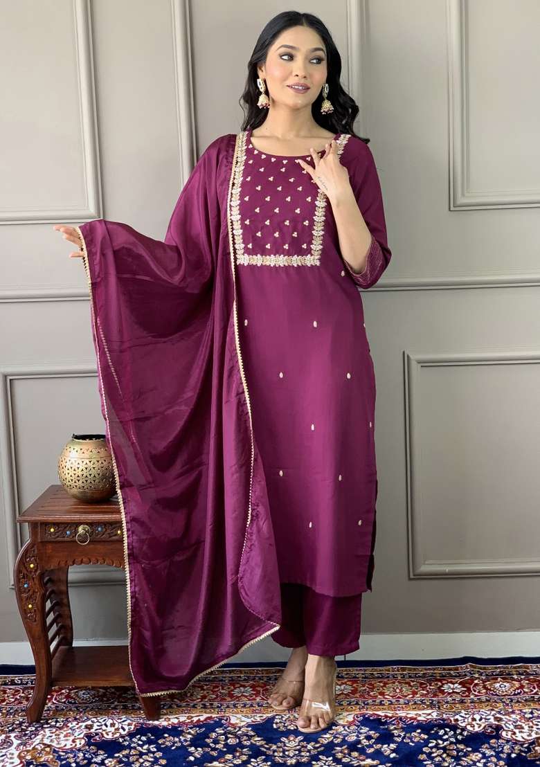 Wine Embroidered Rayon Kurta Set - Indya