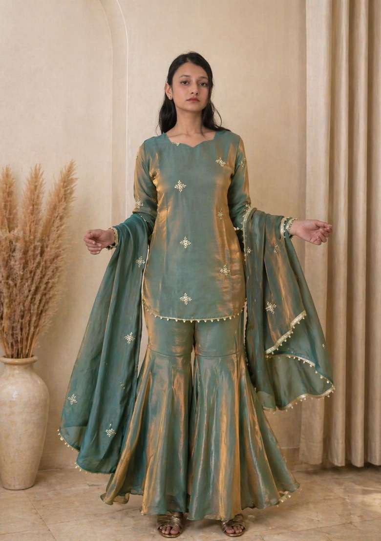 Sea Green Embroidered Silk Blend Kurta Set - Indya
