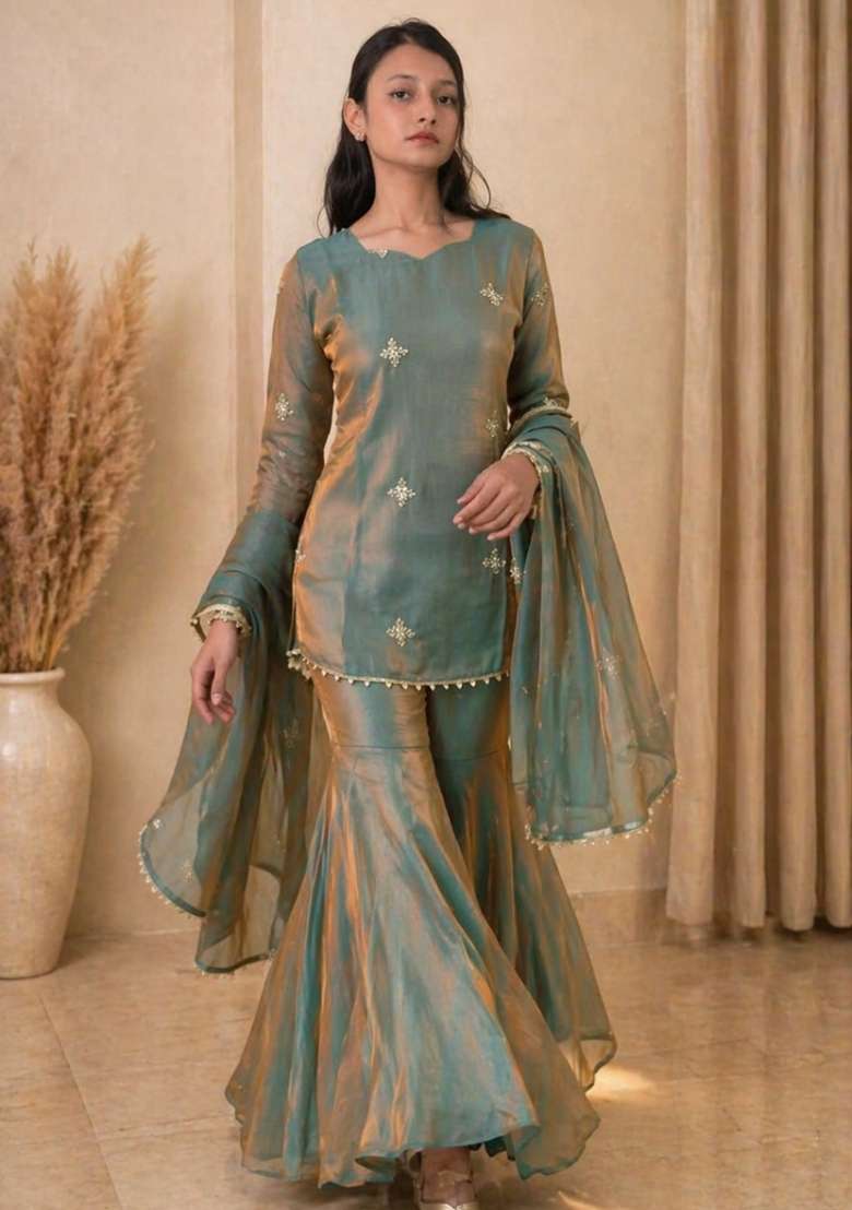 Sea Green Embroidered Silk Blend Kurta Set - Indya