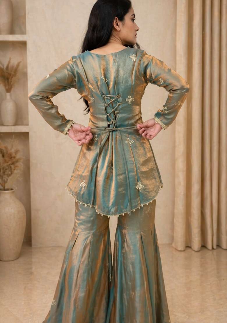 Sea Green Embroidered Silk Blend Kurta Set - Indya