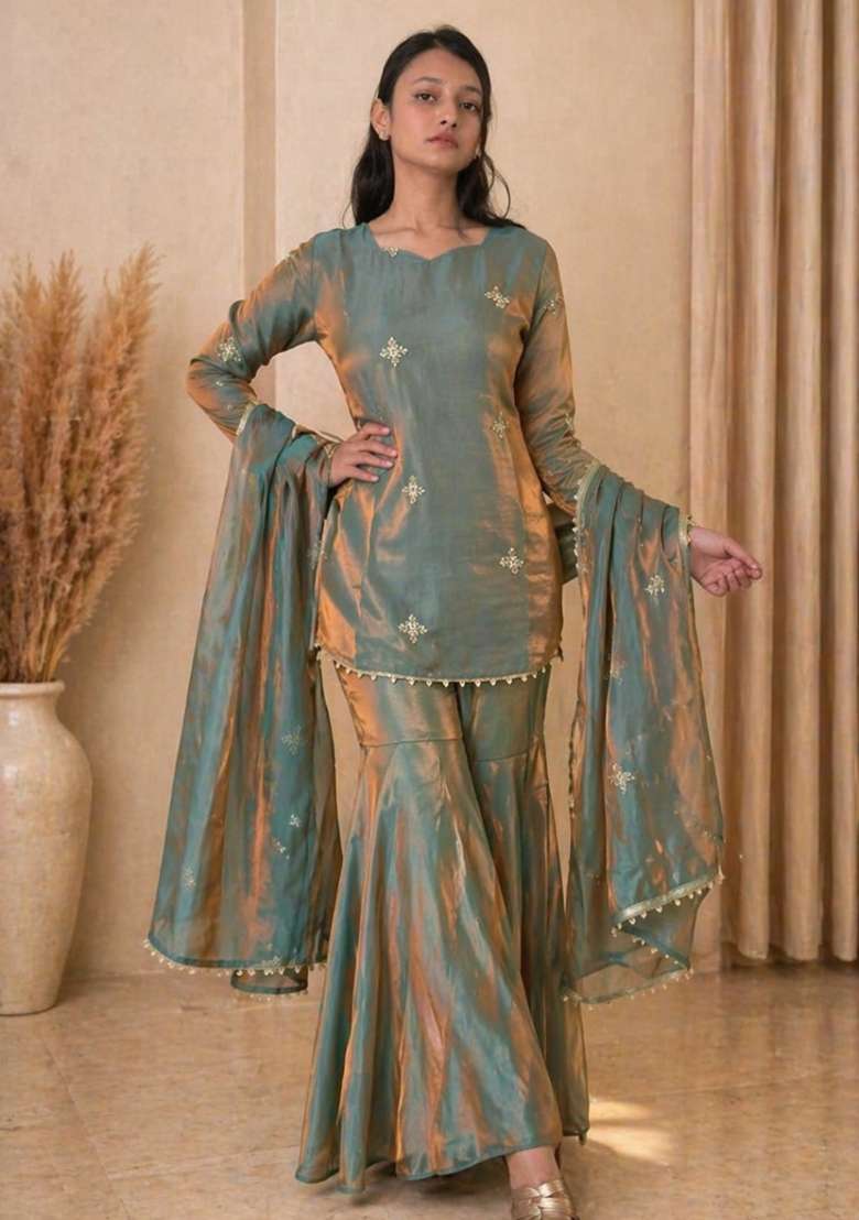 Sea Green Embroidered Silk Blend Kurta Set - Indya