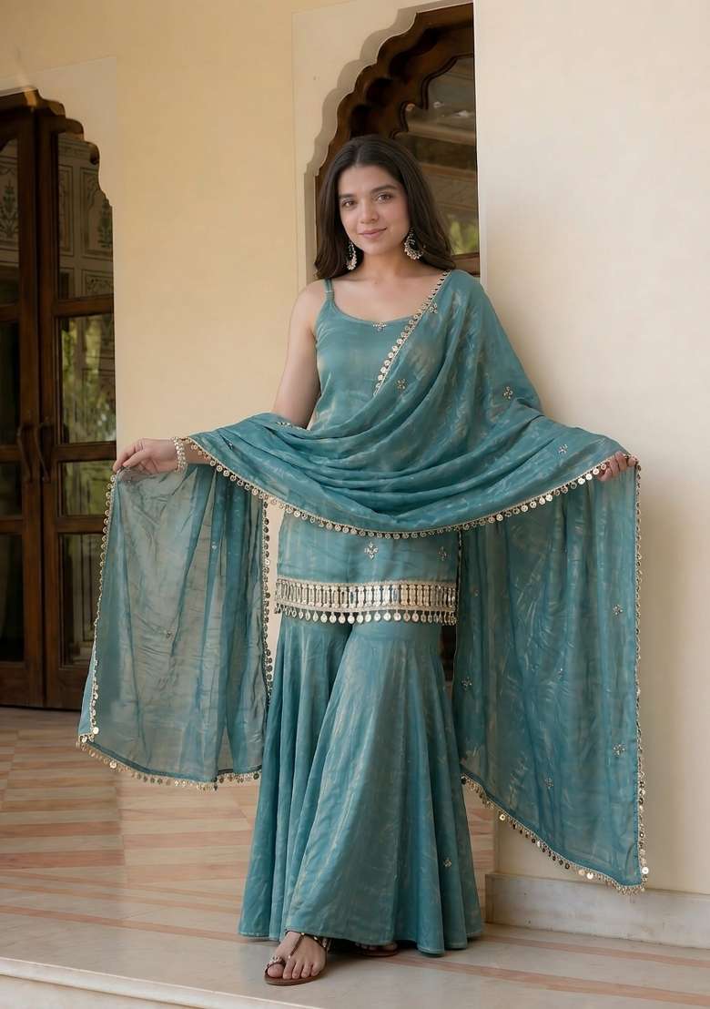 Blue Embroidered Silk Blend Kurta Set - Indya