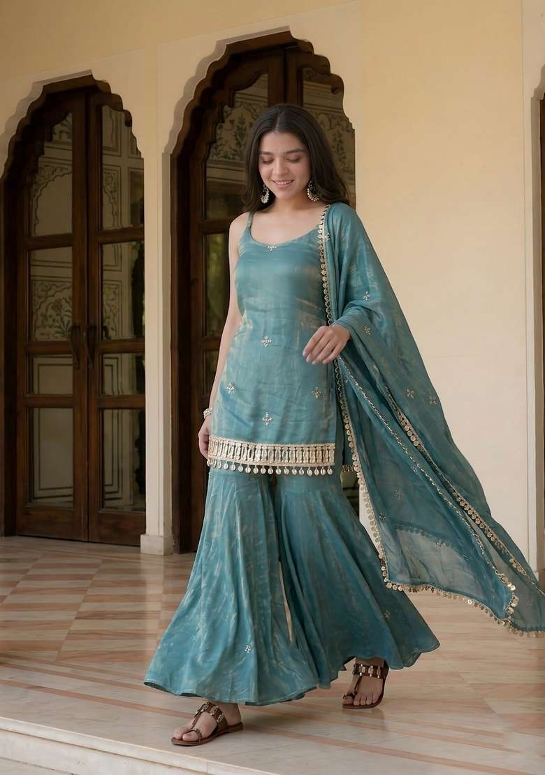 Blue Embroidered Silk Blend Kurta Set - Indya