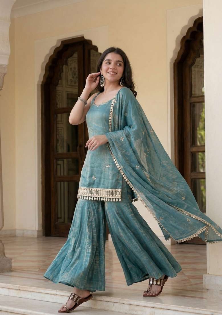 Blue Embroidered Silk Blend Kurta Set - Indya