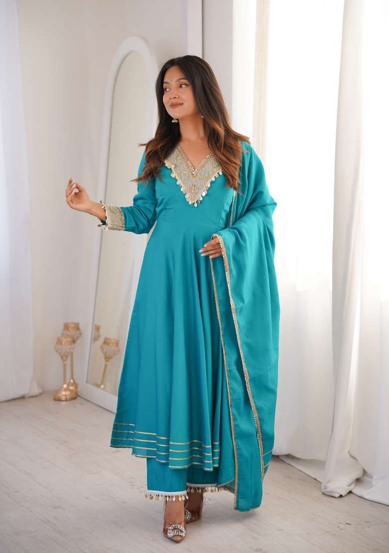 Blue Embroidered Silk Blend Kurta Set - Indya