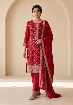 Red Embroidered Silk Blend Kurta Set