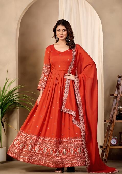 Orange Embroidered Silk Blend Anarkali With Dupatta