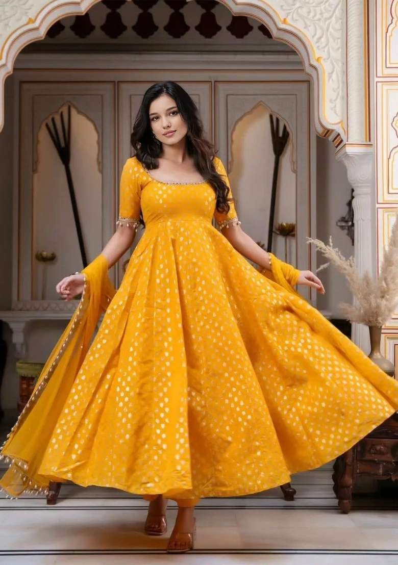 Yellow Printed Chanderi Kurta Set - Indya