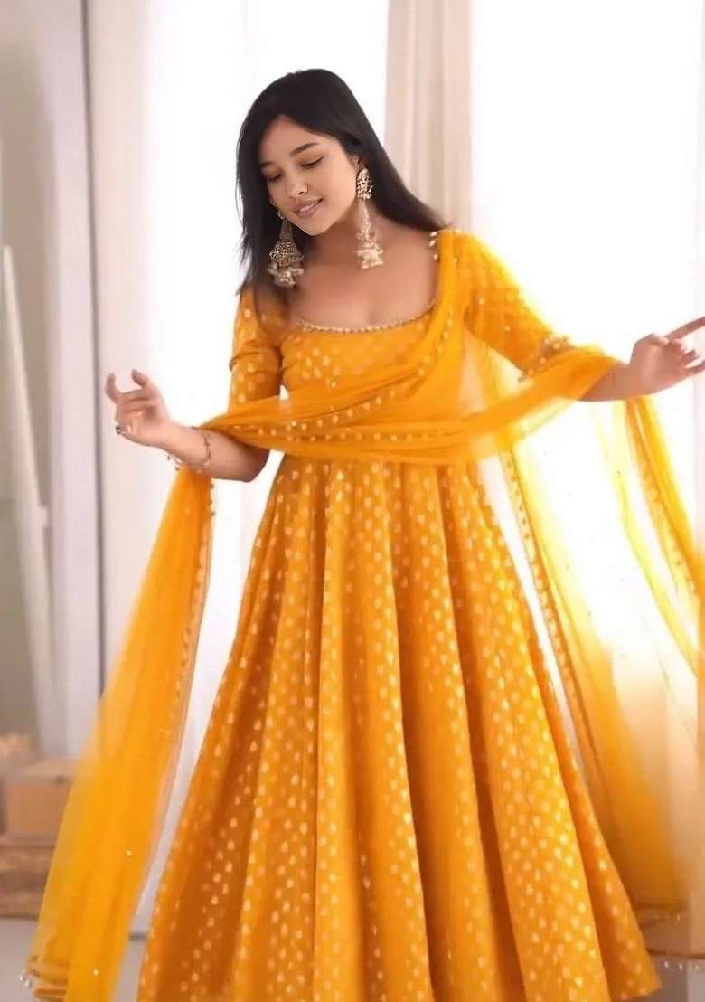Yellow Printed Chanderi Kurta Set - Indya