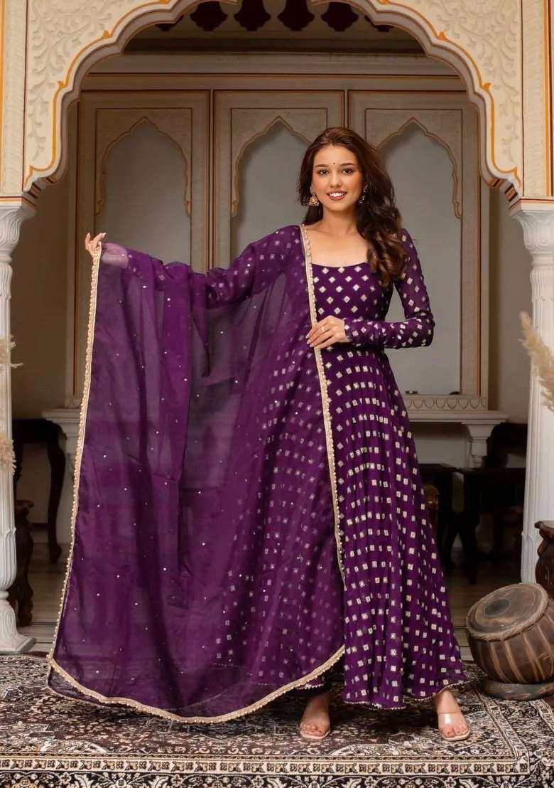 Purple Printed Chanderi Kurta Set - Indya