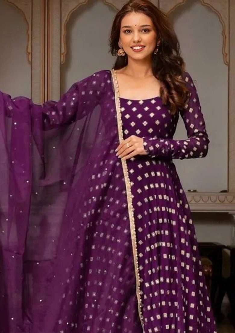 Purple Printed Chanderi Kurta Set - Indya