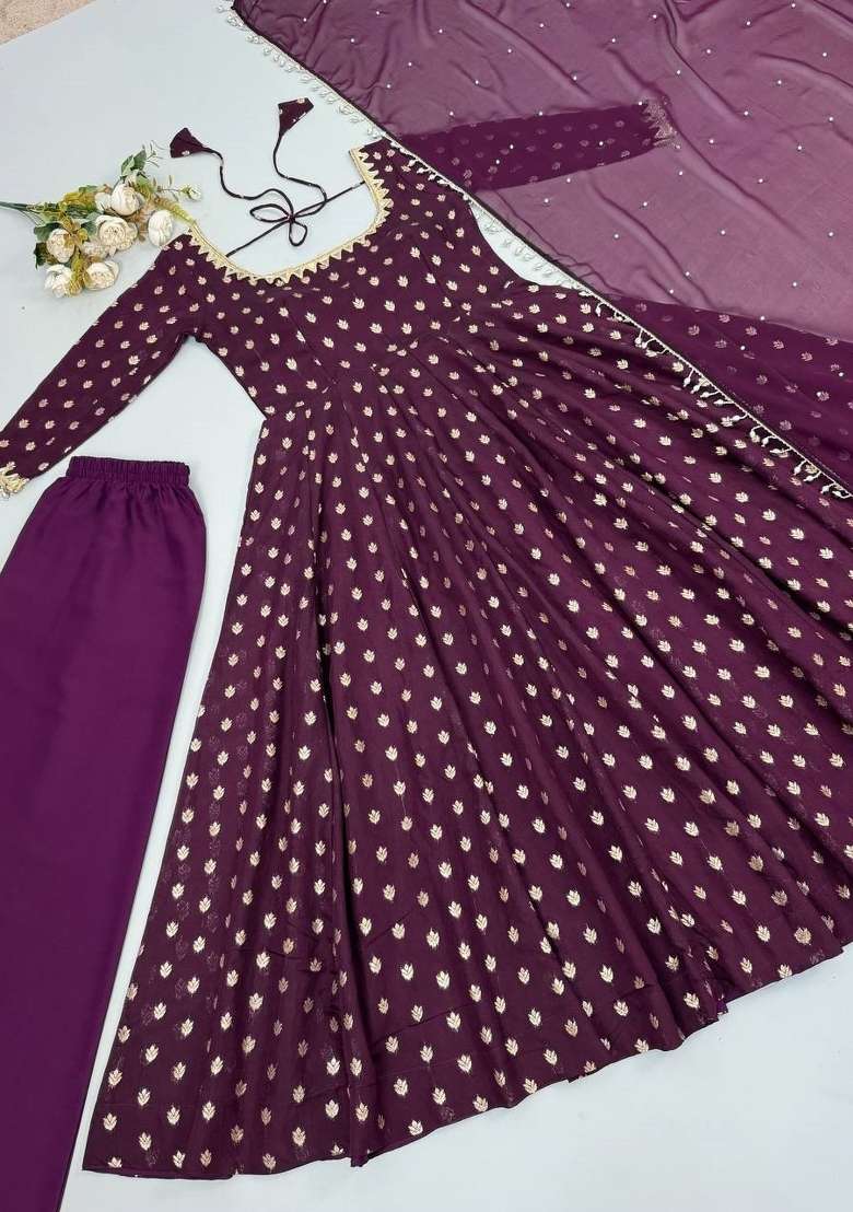 Purple Printed Chanderi Kurta Set - Indya