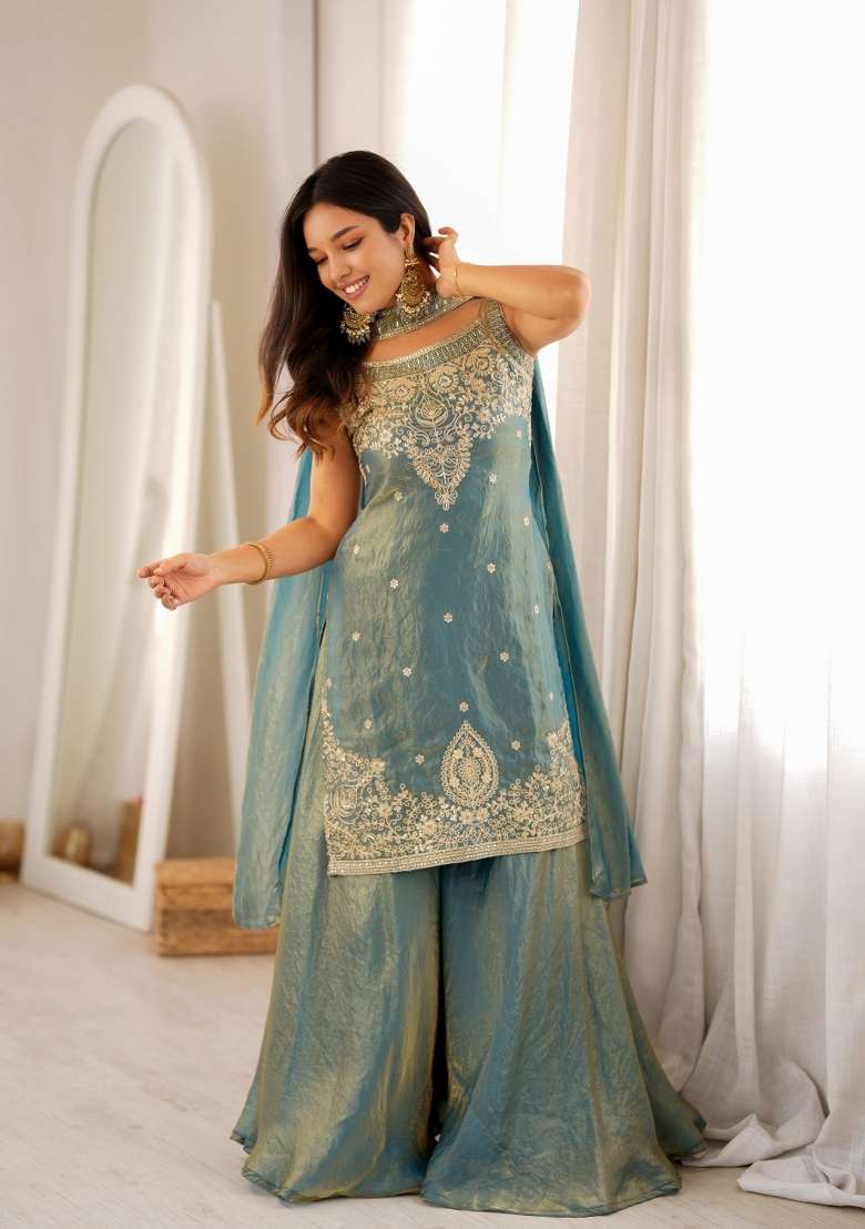 Blue Embroidered Silk Blend Kurta Set - Indya