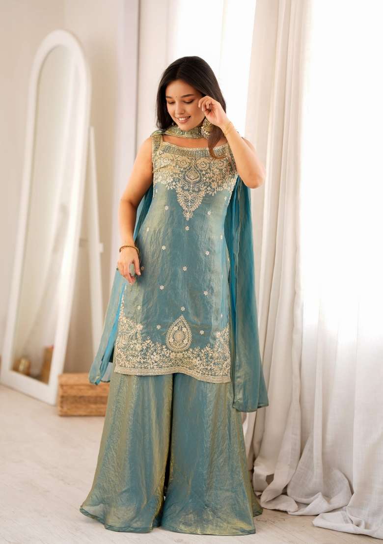 Blue Embroidered Silk Blend Kurta Set - Indya