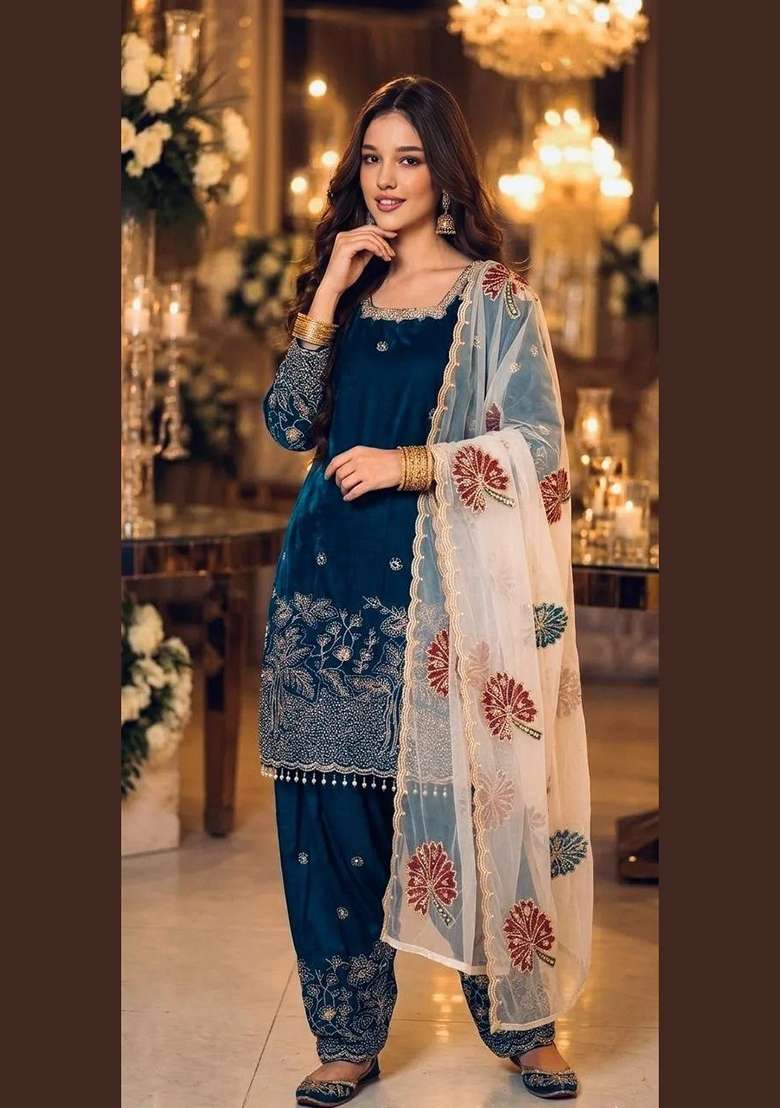 Blue Embroidered Silk Blend Kurta Set - Indya