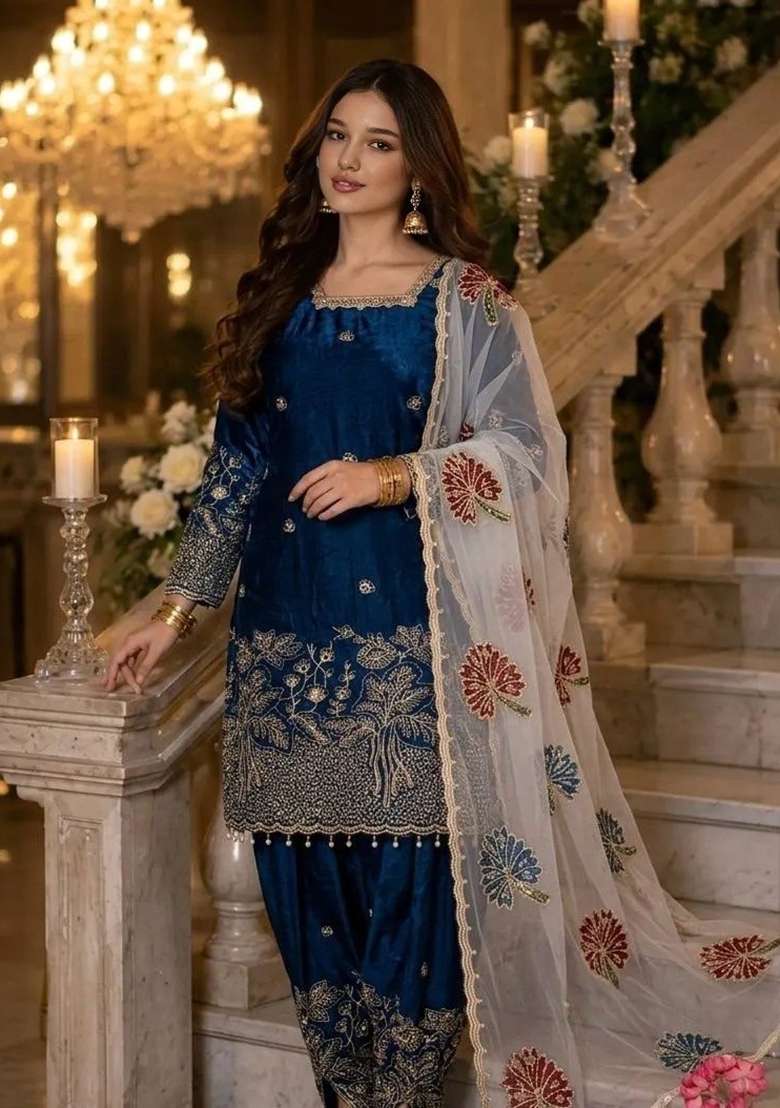 Blue Embroidered Silk Blend Kurta Set - Indya